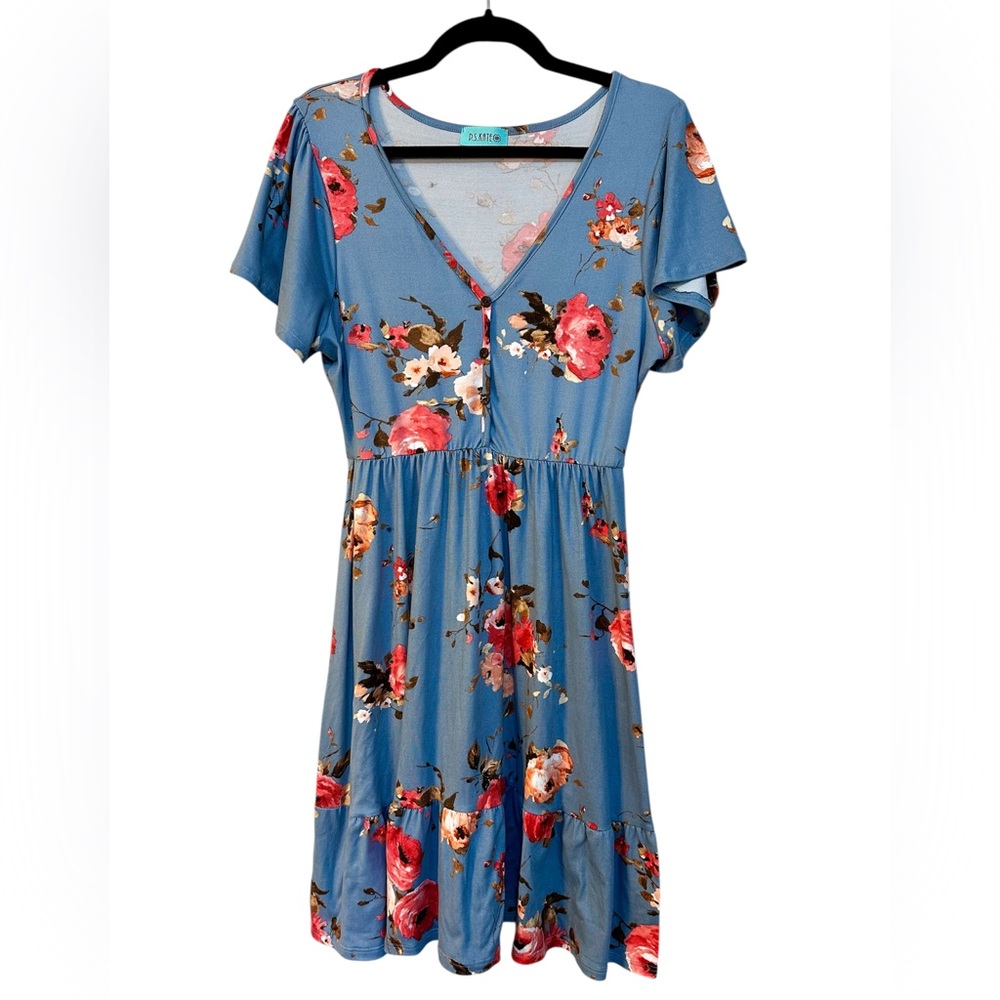 P.S. Kate Blue Floral A-Line Dress Size M Boho Lightweight Waistband
